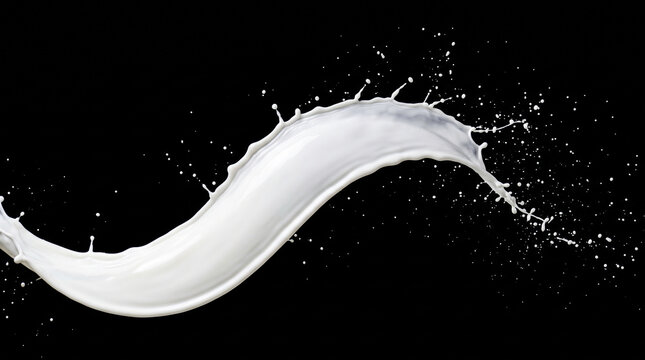 Fresh white milk splashing elegantly across a deep dark black background in high speed motion photography