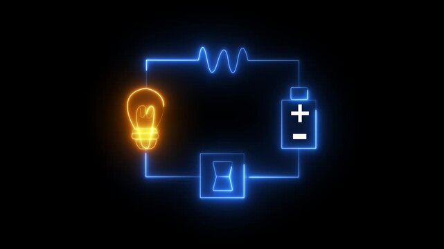 Glowing Electric Circuit Diagram with Light Bulb, Resistor, Battery and Switch Animation.4k motion graphics.