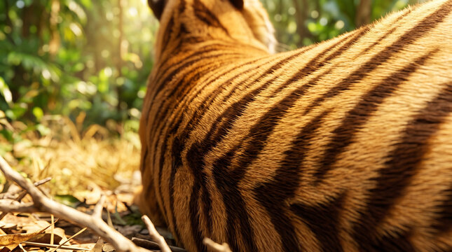 Majestic tiger resting in the golden sunlight showing vibrant orange fur with dark black stripes