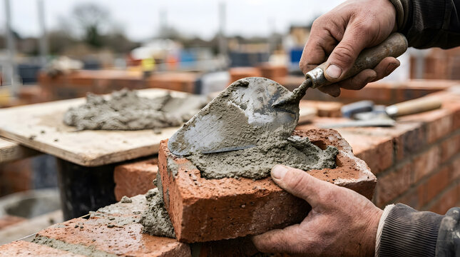 Close up of a professional construction worker hands applying wet mortar with a steel trowel onto a red clay brick during house building project outdoors at a residential construction site job