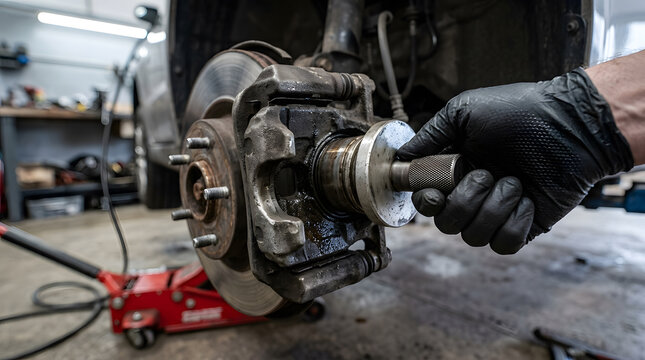 Professional mechanic using a brake piston compression tool to retract the caliper cylinder during a disc brake pad replacement service in a well-equipped automotive repair workshop garage setting 