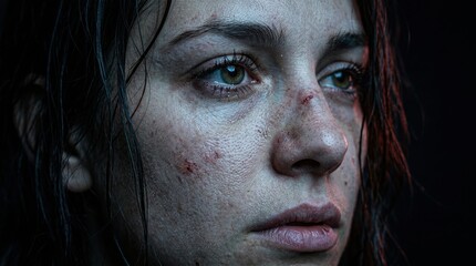 Fototapeta premium Close-up portrait of a young woman with a bruised and injured face under dramatic blue lighting.