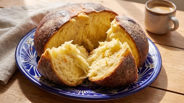 Freshly baked sweet bread served with coffee on a wooden table