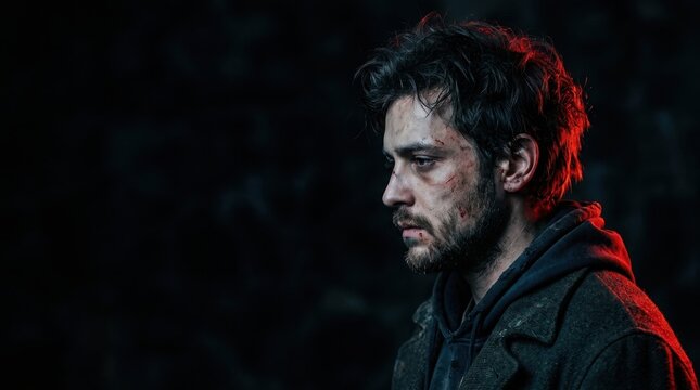 A profile portrait of an exhausted man with facial scratches and messy hair in dark red lighting.
