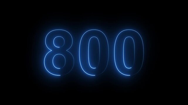 Glowing blue neon number 800 sign on dark background for sale discount or celebration concept.