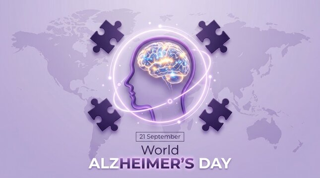 World alzheimers day concept with glowing human brain silhouette and puzzle pieces on world map