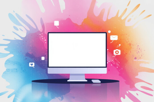 Minimalist desktop computer with a blank screen and app icons on a colorful splash background.
