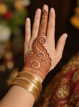 An intricate henna mehndi pattern decorates a hand adorned with delicate gold bangles.