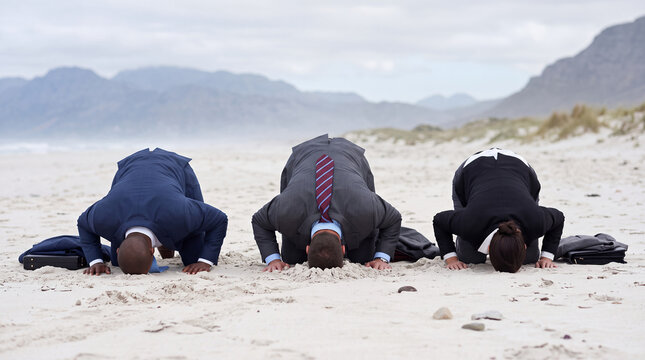 Business People Burying Their Heads in Sand as Avoidance Concept