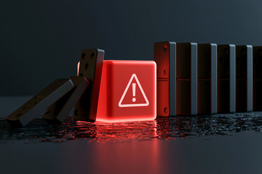 Falling dominoes hit a glowing red warning block on a dark surface.