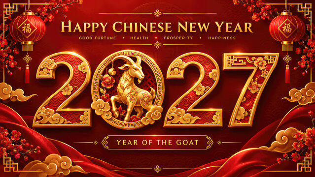 Chinese New Year 2027 &ndash; Year of the Goat, Happy Lunar New Year Celebration with Elegant Gold Lettering on Red Background,,