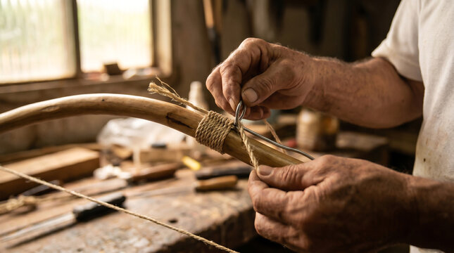 Close-Up of Hands Tying String to Wooden Bow in Workshop Setting