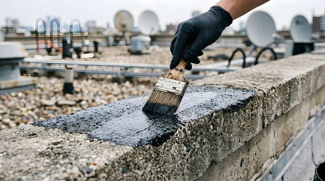 A construction worker wearing black protective gloves applies black waterproof bituminous primer or liquid rubber membrane onto a concrete rooftop parapet wall for exterior building maintenance 