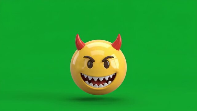 3D rendering of a devil emoji with red horns and sharp teeth on a vibrant green background, expressing anger and mischief.