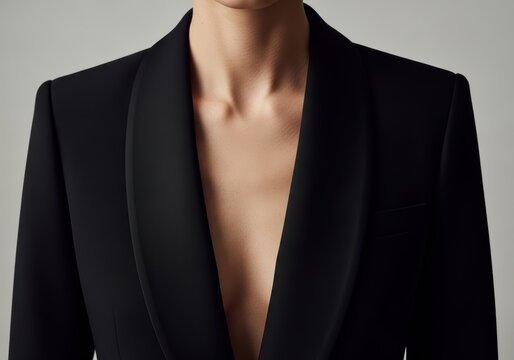 Woman wearing a black blazer jacket with deep neckline