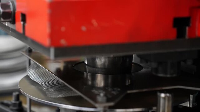 Hydraulic press machine stamping a stainless steel disc into a bowl shaped mold