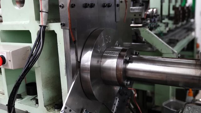 Industrial roll forming machine shaping a metal rod on a green factory production line