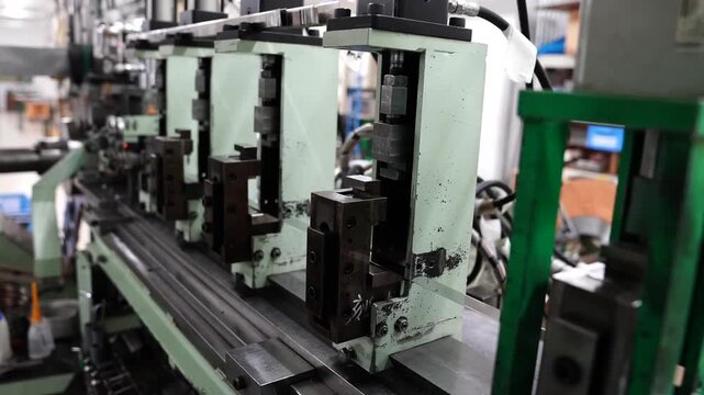 Row of automated stamping presses running on a factory production line with no operator