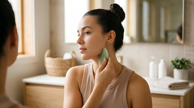 Young woman performing facial massage with a green jade gua sha stone