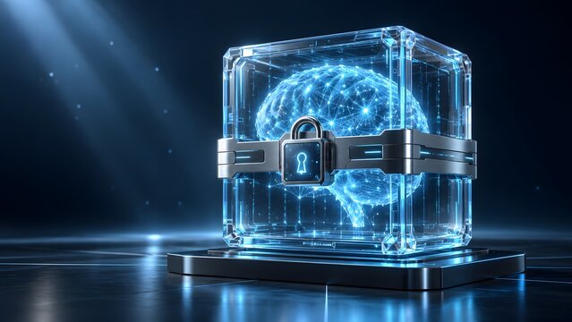 Glowing digital brain encased in a transparent locked security box representing artificial intelligence data protection and privacy