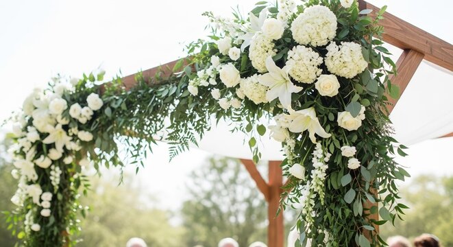White flowers decorating wedding chuppah with green foliage. Wooden arch setup for outdoor ceremony, showing flowers decorating wedding chuppah.