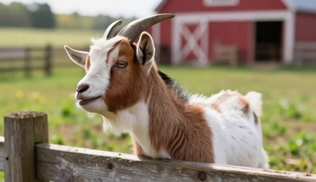 Brown and white goat by wooden fence with red barn &mdash; 4K video