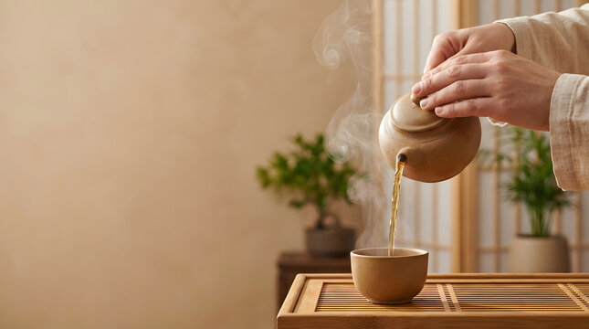 Eye Level View Of Hands Pouring Hot Tea From Clay Teapot Into Ceramic Cup On Slotted Bamboo Tray With Rising Steam Over Warm Background