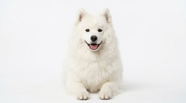Friendly white Samoyed dog lying down on a clean white background with a happy expression and open mouth showing tongue, captured in a bright professional studio setup