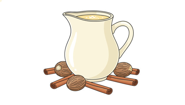 Cream pitcher of eggnog beverage surrounded by cinnamon sticks and nutmeg spices