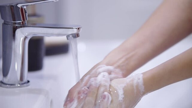 Washing Soapy Hands Under Running Water From Faucet In Bathroom Sink. Personal Daily Hygiene. Bacteria Protection 