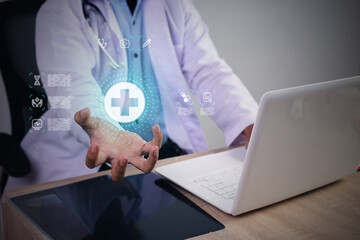 Medical Doctor Holding Digital Healthcare Interface with Medical Icons