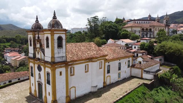 Drone footage Aerial view Igreja de Nossa Senhora das Merc&ecirc;s e Perd&otilde;es (Igreja Merc&ecirc;s de Baixo) Church of Our Lady of Mercy and Forgiveness, Ouro Preto, Minas Gerais, | Brasil
