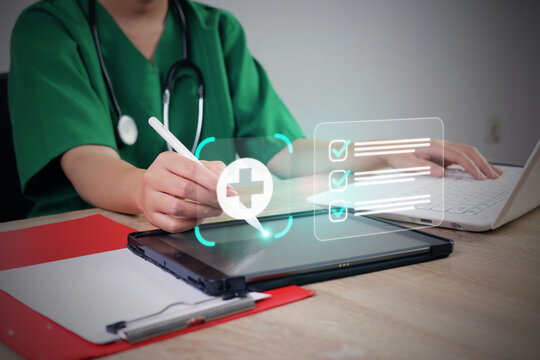 Female Doctor Using Stylus Pen on Tablet Screen with Hologram Medical Checklist Interface