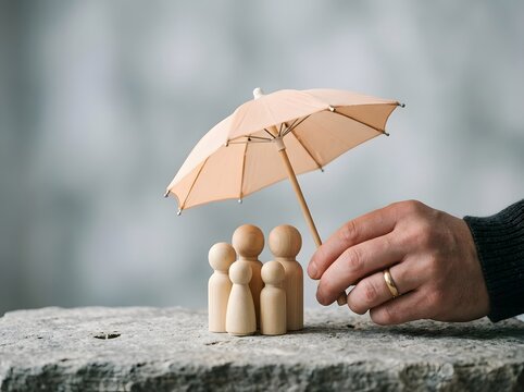 Adult hand holding a small umbrella over a group of wooden peg doll figures with family protection