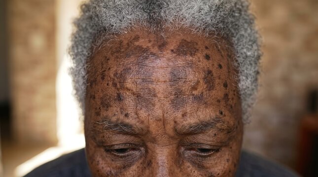 High angle close-up of elderly Black man forehead with hyperpigmentation dark spots