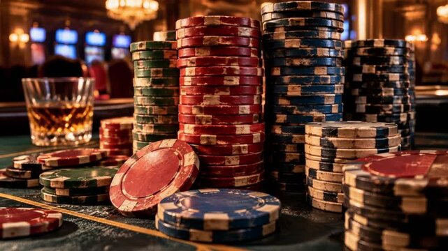 Stacked casino chips and a glass of whiskey on a gaming table  