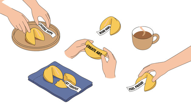 Flat lay style set of hands opening fortune cookies with inspirational messages