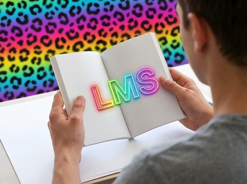 Colorful LMS Lettering on an Open Notebook Representing Learning Management Systems and Online Education