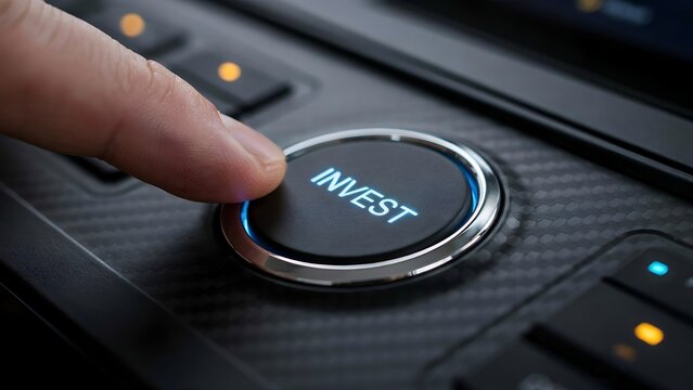Finger pressing a glowing invest button on a control panel, symbolizing financial investment and business growth