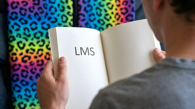 Learning Management System Concept with LMS Text on an Open Notebook and Colorful Abstract Background