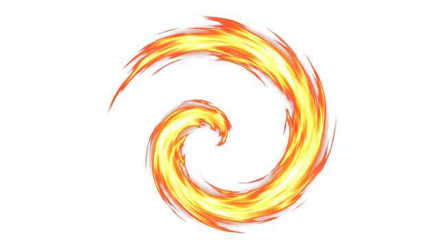 Vibrant orange and yellow fire swirl isolated on transparent background, dynamic flame spiral vector graphic for game effects, fantasy art, and web design