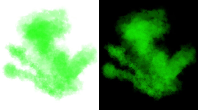 Vibrant green smoke explosion on white and black backgrounds. Toxic neon gas cloud illustration. Radioactive powder burst effect for design.