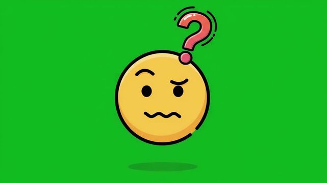 Confused cartoon emoji with a question mark over its head, expressing uncertainty and doubt on a green background.