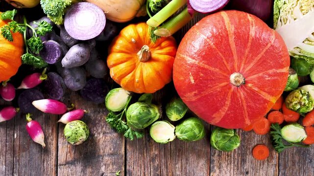 Fresh Raw Organic Autumn Vegetables and Pumpkin on Wooden Table Background
