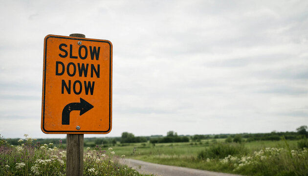 Slow down now road sign with right turn arrow in rural countryside under overcast sky