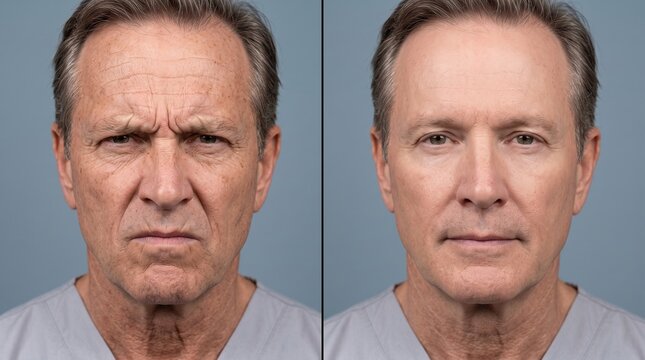 Split Screen Portrait Comparison Showing Senior Man Before and After Anti Aging Treatment