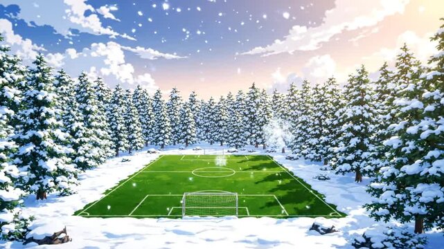 Snowy soccer field in winter pine forest.
