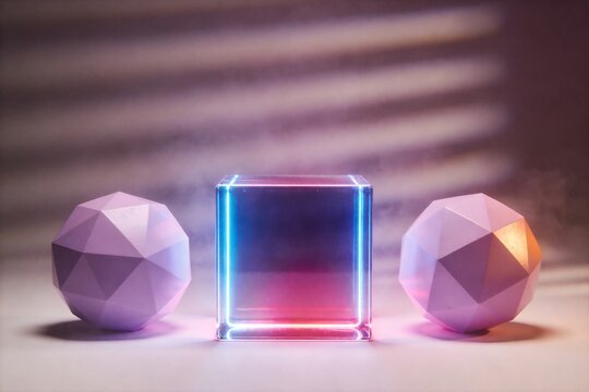 Glowing glass cube and purple polyhedrons in a smoky neon studio. Futuristic abstract geometric showcase background.   