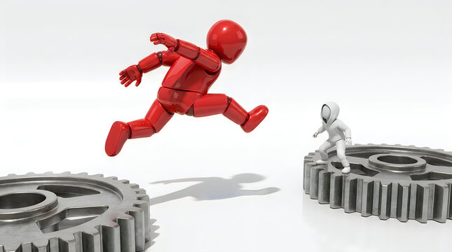 Red running figure jumping over large gray gears illustration