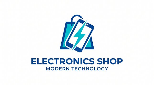 Modern electronics shop logo design with smartphone and shopping bag icon for digital technology retail store
